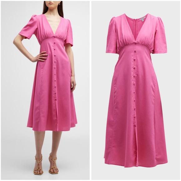 NWT Lalibela Fuschia/Hot Pink Linen Blend Short Sleeve Midi Dress - Picture 1 of 8